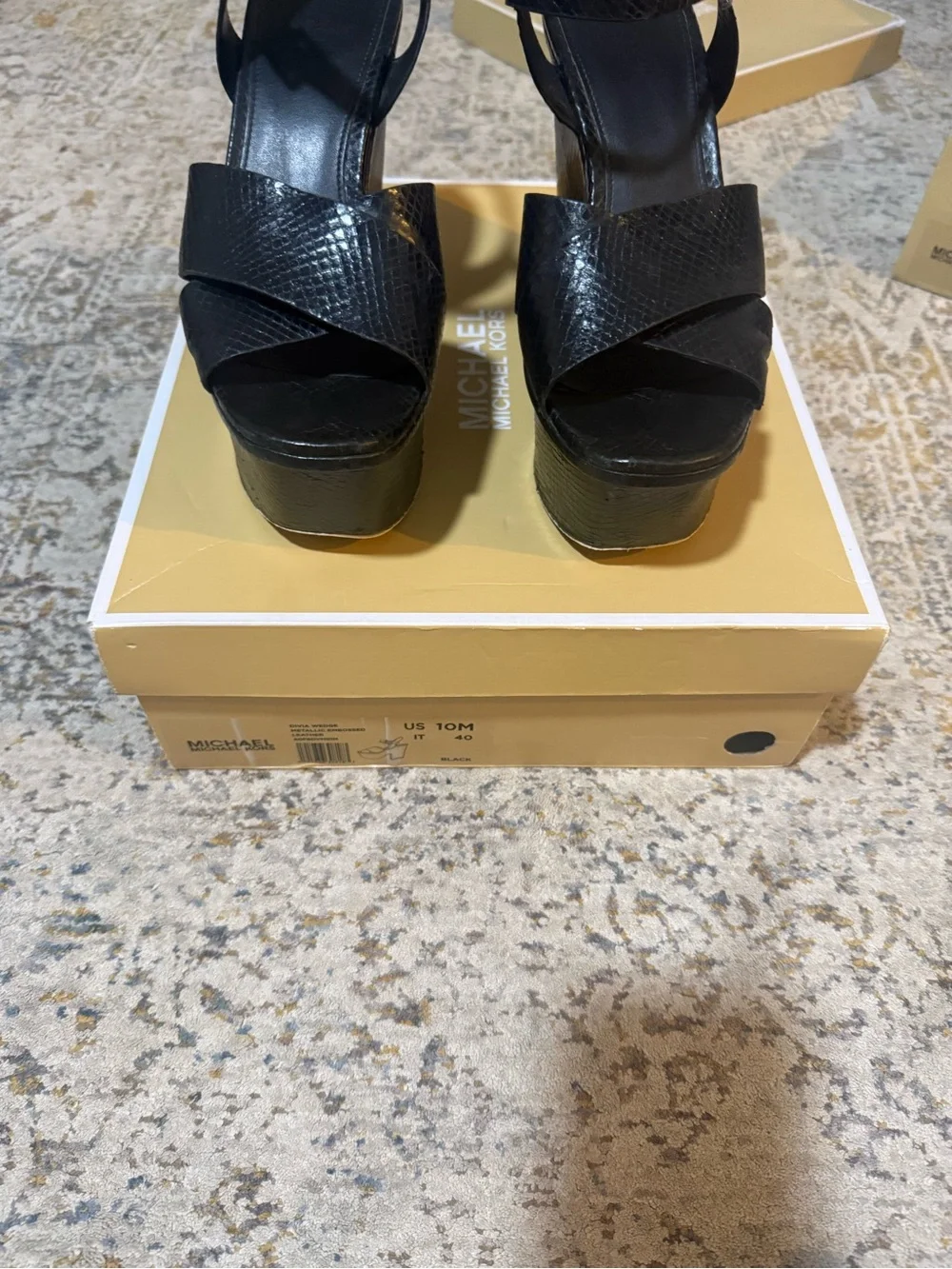 Michael Kors Black Textured Leather Platform Slingback Sandals - Picture 4 of 5